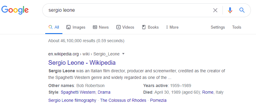 SERP example typing Sergio Leone